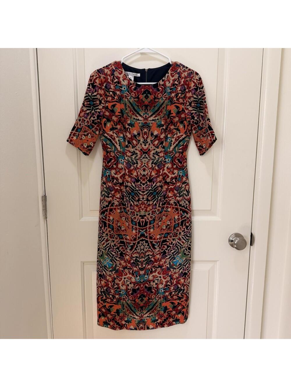 MAGGY LONDON Womens Dress Size 2 Jersey Abstract Geometric Bohemian Bodycon Midi